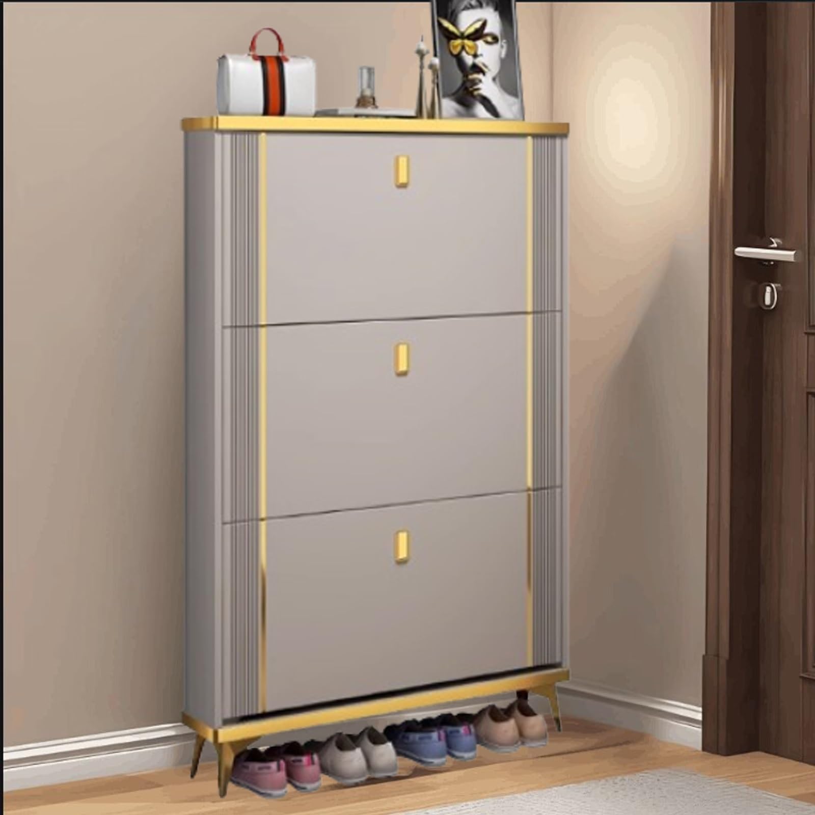 SVFOEBJM Shoe Cabinet for Entryway Narrow, Hidden Shoe Cabinet, Modern Shoe Racks for Closet, Shoes Storage Cabinet with 3 Flip Drawers, for Hallway/Closet
