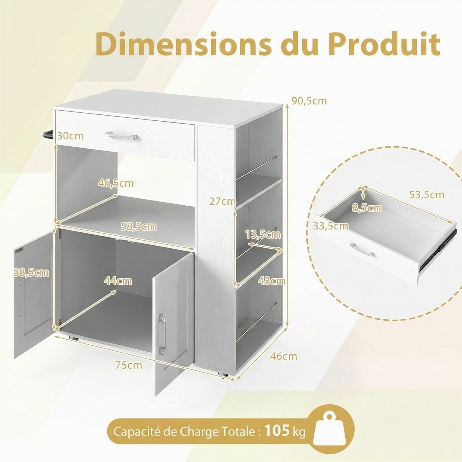COSTWAY Desserte de Cuisine sur roulettes (2 Verrouillables), îlot de Cuisine avec 3 Support à Épices, Chariot de Service Armoire 1 Tiroir Étagère Ouverte, 46 x 75 x 90,5 cm (Blanc Pur)