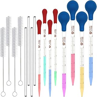 8 Pieces Glass Pipettes Graduated Dropper,Yucool 4pcs 10ml and 4pcs 1ml Long Glass Pipette Dropper with 8 Rubber Caps,4pcs Glass Stir Rod and 4pcs Droppers Brush