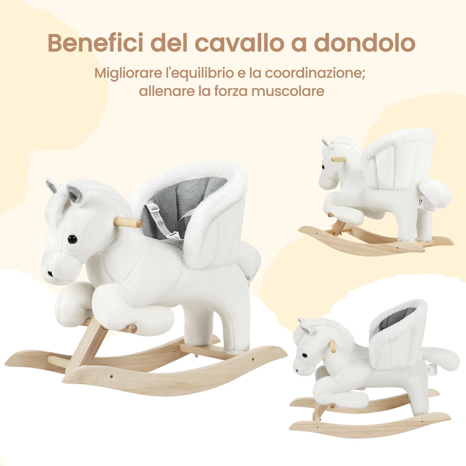 WOLTU Cavallo a Dondolo in Legno per Bambini 1-3 Anni, Cavalluccio in Peluche Cavalcabile con Suoni, Cintura di Sicurezza e Schienale Alto, Giocattolo Regalo per Bambino e Bambina, Bianco e Grigio