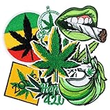 8Pcs Weed Iron on Patches Green Marijuana Leaves Pot Cannabis Smoking Happy 420 Have a Dope Sew on Embroidered Applique Repair Patch DIY Craft Accessories for Stoner Clothing Jacket Jeans Backpack Hat