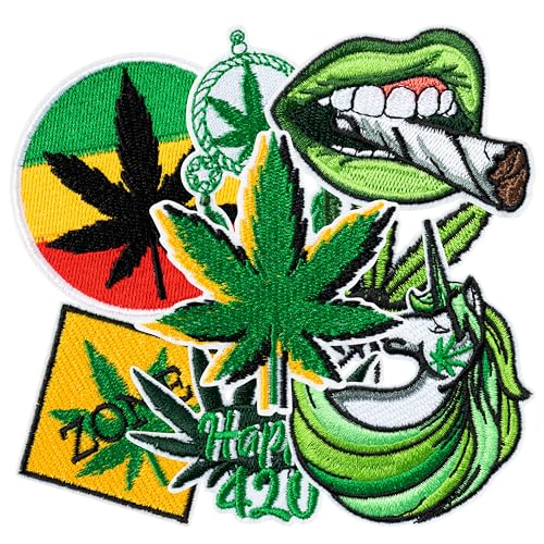 8Pcs Weed Iron on Patches Green Marijuana Leaves Pot Cannabis Smoking Happy 420 Have a Dope Sew on Embroidered Applique Repair Patch DIY Craft Accessories for Stoner Clothing Jacket Jeans Backpack Hat