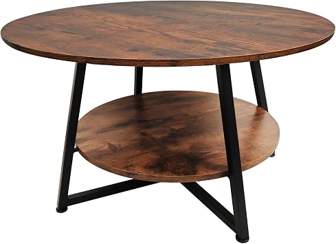Wood Round Coffee Table, 2 Tier Mid Century Modern Coffee Table with Storage Shelf, for Living Room Cafe Office Tables, 28.3 x 28.3 x 17.9 Inches, Rustic Brown