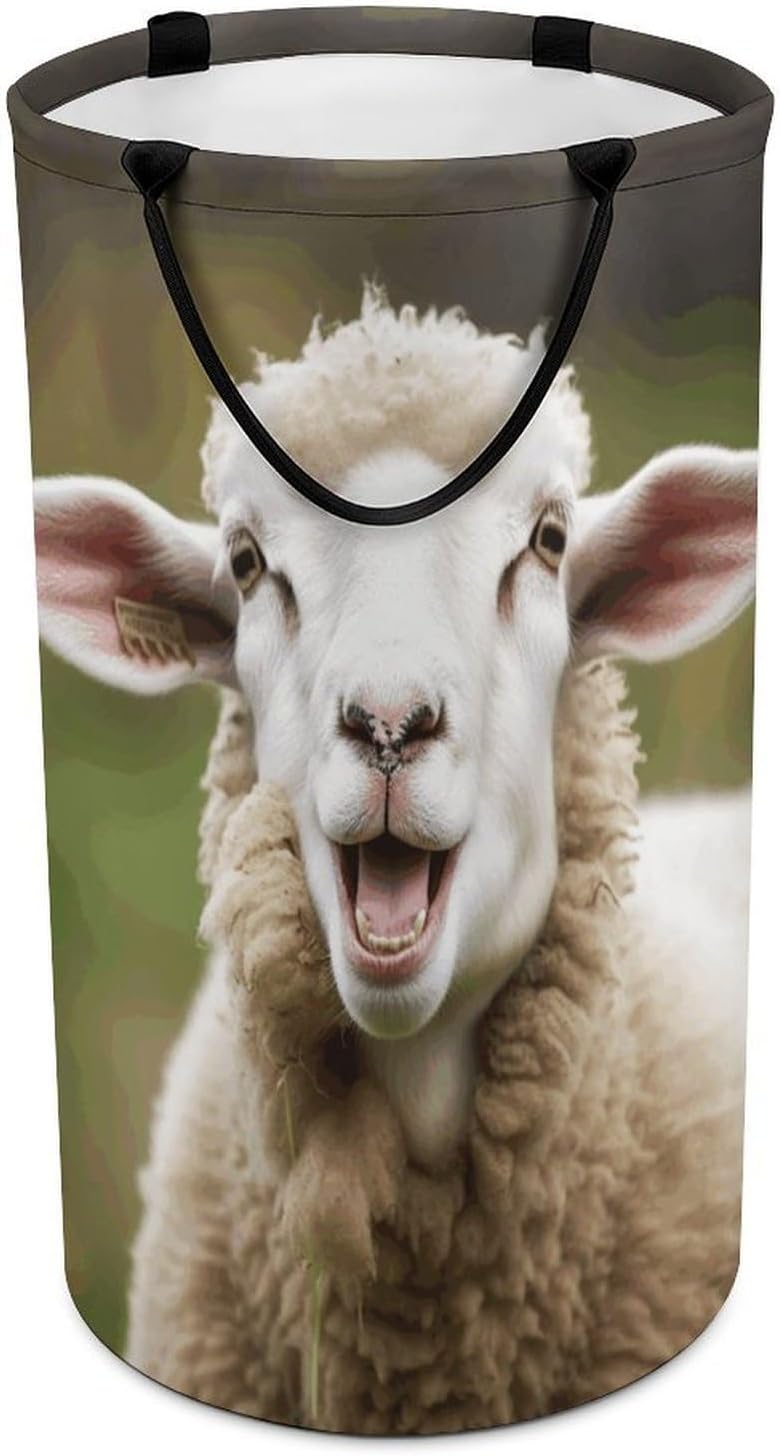 Funny Naughty Sheep Tongue Cute Animal Laundry Hamper with Handles Waterproof Collapsible Laundry Basket Large Lightweight Round Dirty Clothes Hamper for Home Dorm Bathroom Decor