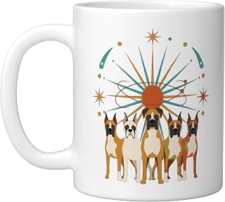 Mid Century Modern Dog Boxer Atomic Starburst Retro Ceramic Mug, White