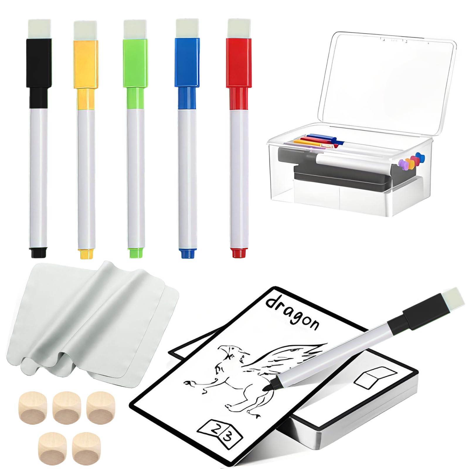 50 fichas multifuncionales de borrado en seco con 1 caja de almacenamiento, 5 marcadores de borrado en seco, 6 dados en blanco y 2 paños de limpieza para gafas, cartas de juego reutilizables en blanco
