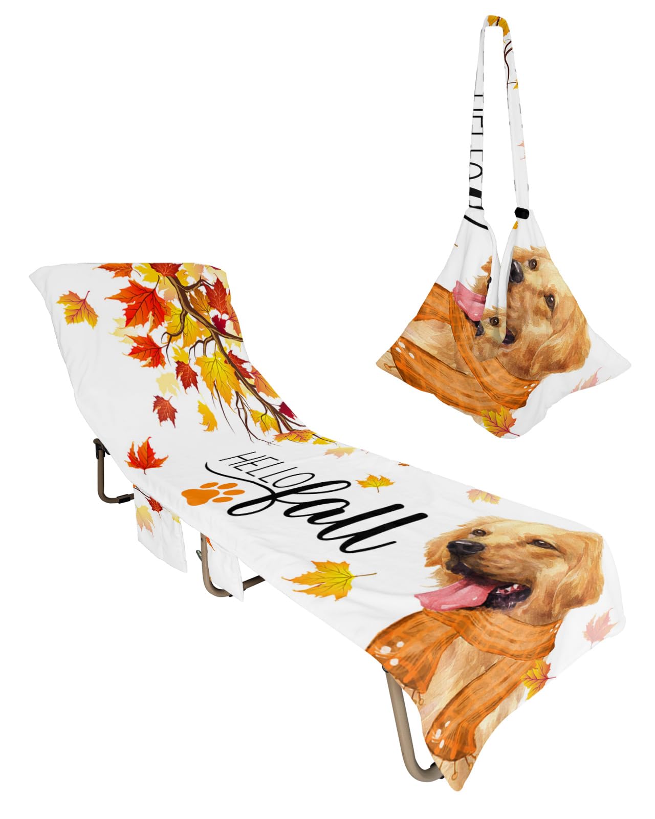 Thanksgiving, Beach Lounge Chair Towel Cover, Soft Chaise Lounge Towel with Side Pockets Patio Pool Chairs Cover for Beach/Pool Sunbathing 29x85 Animal Dog Fall Maple Leaves White