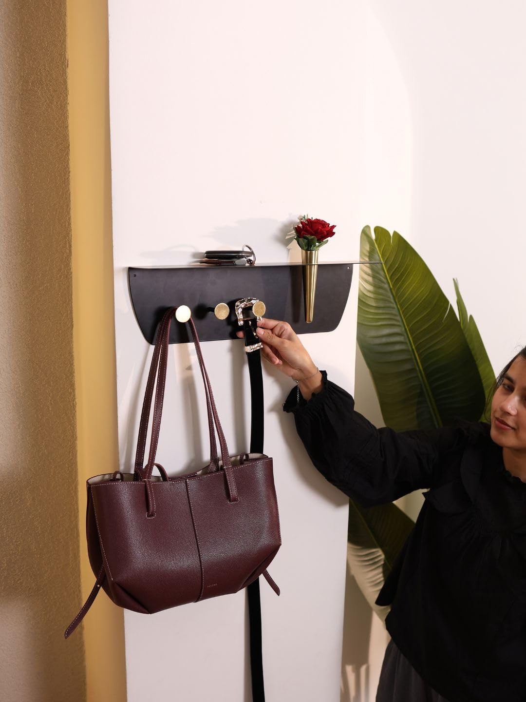 cinch home Wall Mounted Key Holder with Shelf & Vase | 3 Hooks