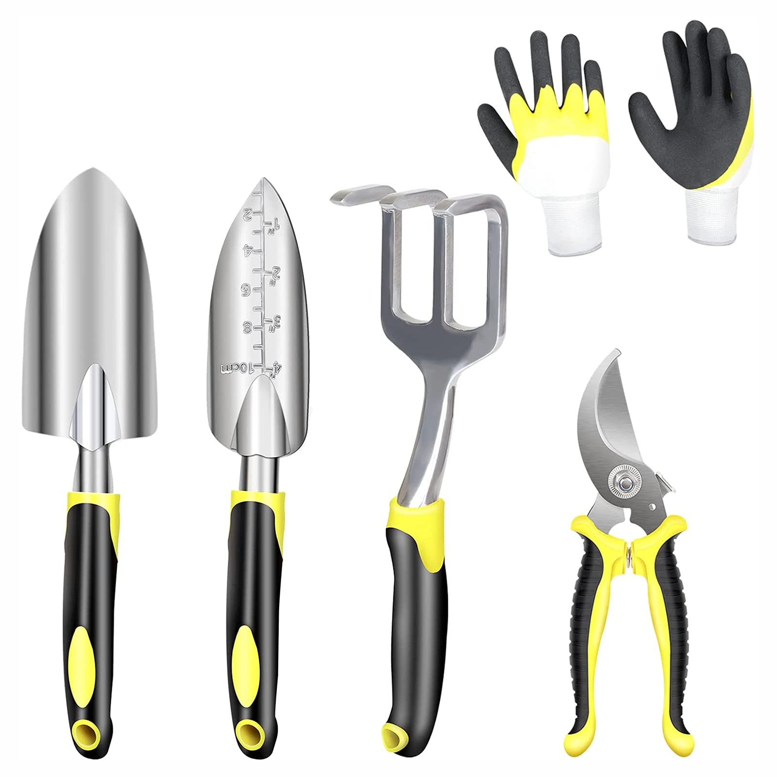 DINGFAN Juego de Herramientas Jardinería, Kit de Herramientas de Jardinería de Aluminio 5 Piezas con Guantes, Kit Plantación de Manos para Interiores y Exteriores, Regalos Jardinería