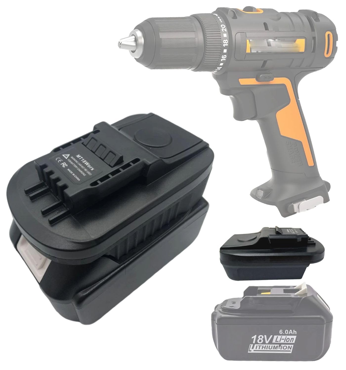Battery Adapter for Makita 18 V GBA Battery Convert in for Worx 20 V 4-Pin Lithium Ion Battery, for Makita Professional Cordless Battery Converters, for Worx 4-Pin Power Tools