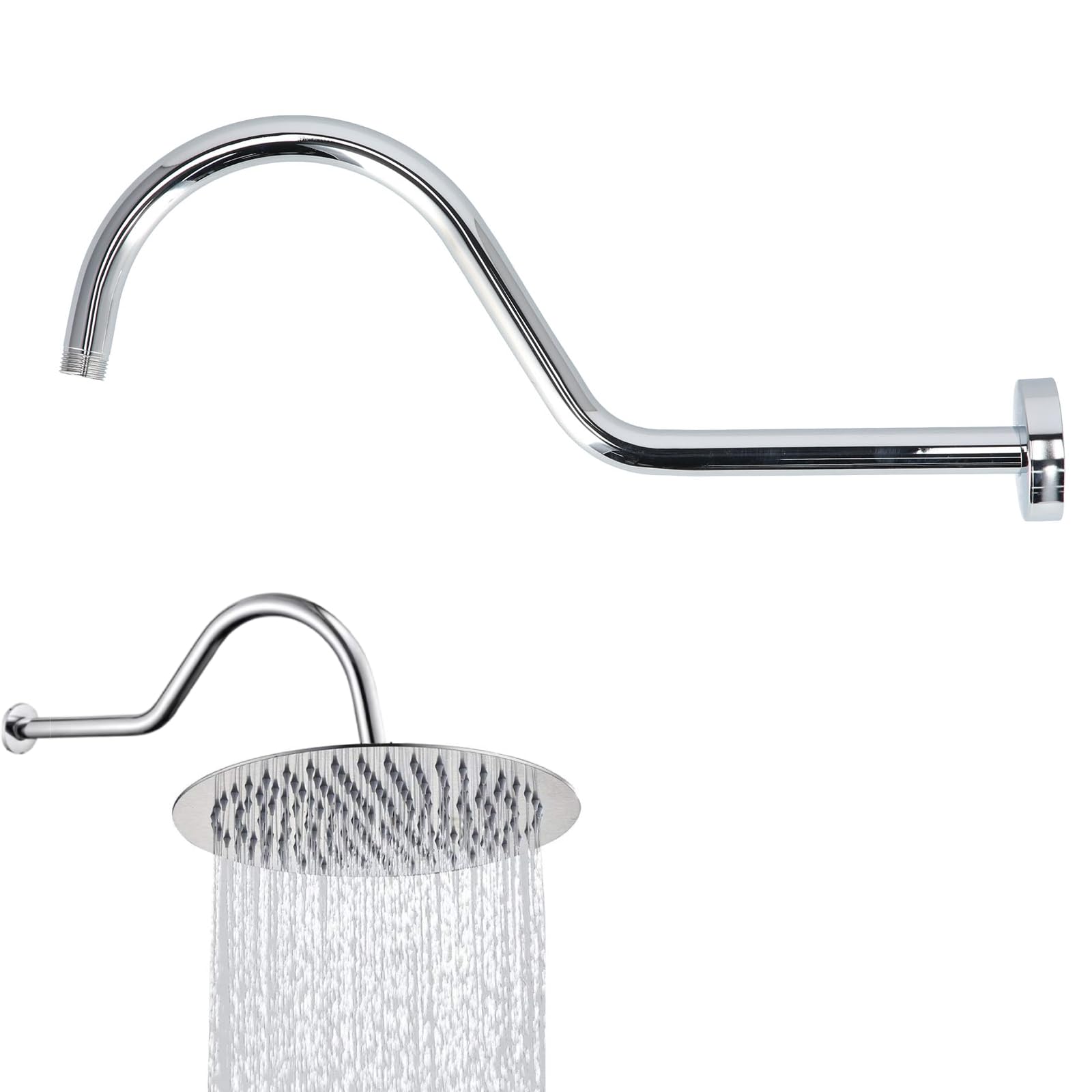Fybida 17 Inch S Shape Shower Head High Rise Extension Shower Arm and Flange Shower Pipe Extender(Silver)