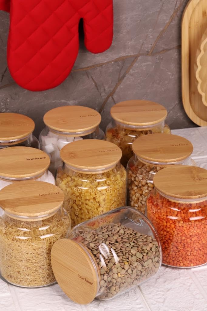Zone - 9'lu Cam Saklama Kabı 600ml Vakumlu Bambu Kapaklı