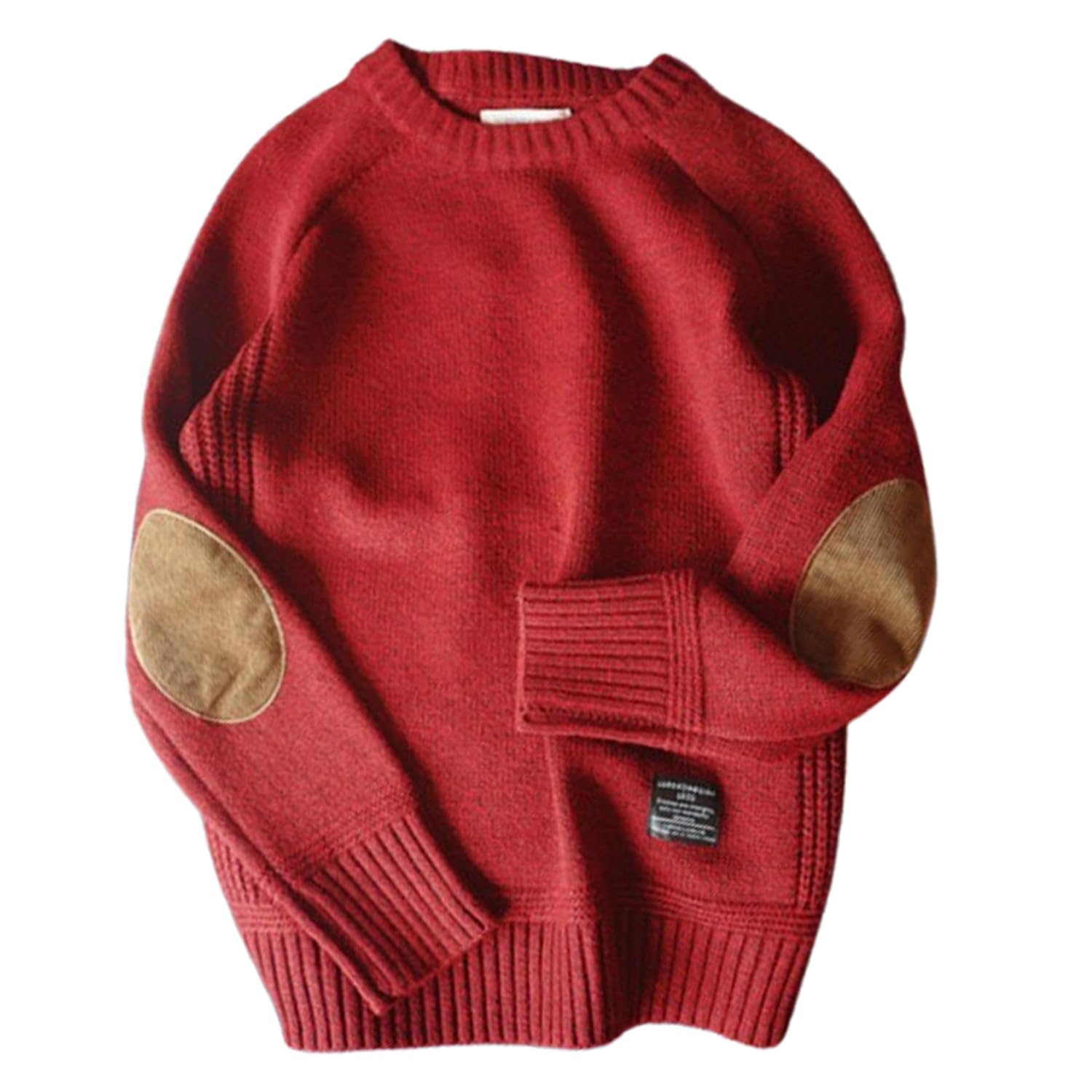 PNZLZIA Mens Sweater with Elbow Patches, Men's Crew Neck Vintage Knitted Sweaters, Elbow Patch Thick Jumper Tops (Red,XL)