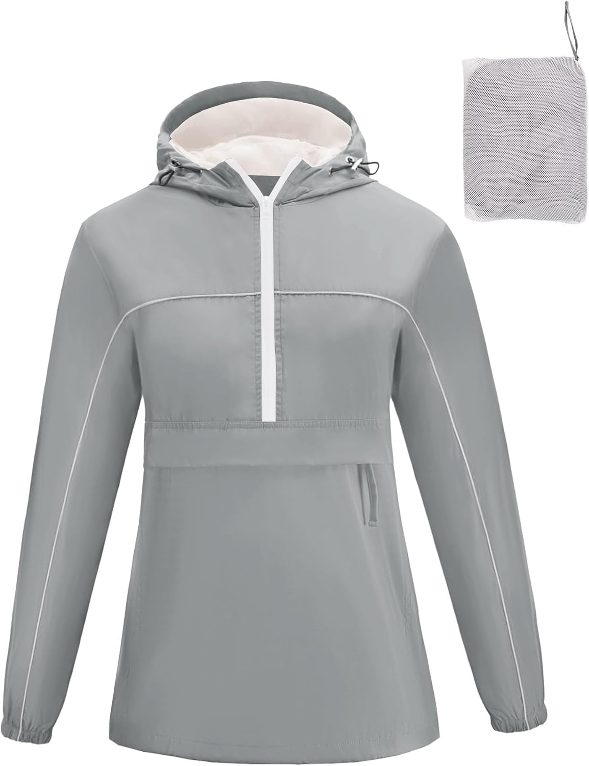 Avoogue Raincoat Women Reflective Waterproof Rain Jackets Half Zipper Packable Outdoor Hooded Windbreaker Lined Jacket Light Grey X-Large