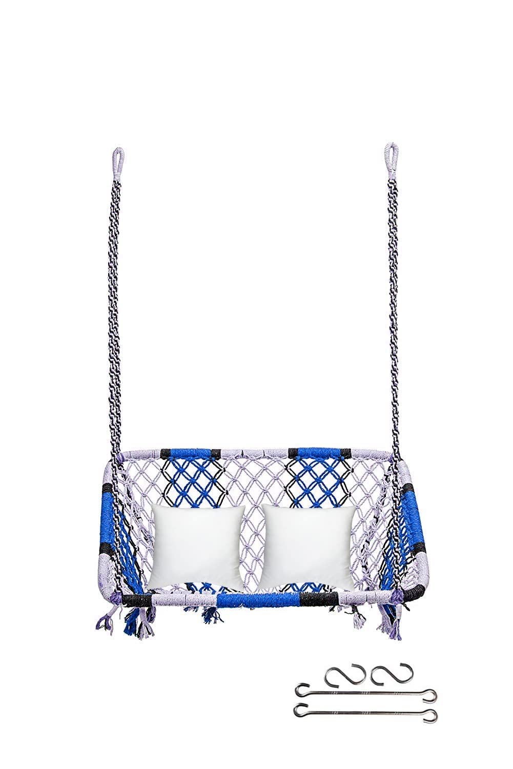 Swingkart Wood & Cotton Two Seater Home Swing & Hammock Chair with Accessories_Blue & White