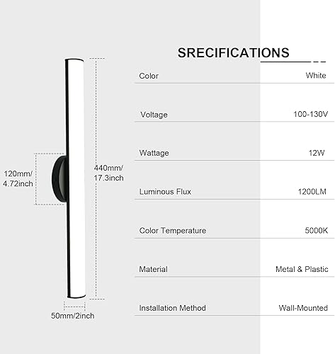 Miniatura 6 de OOWOLF Luz de tocador de baño, brillo ajustable de 12 W y 17.3 pulgadas, barra de luces LED de tocador de 1200 lúmenes, luz LED blanca natural de