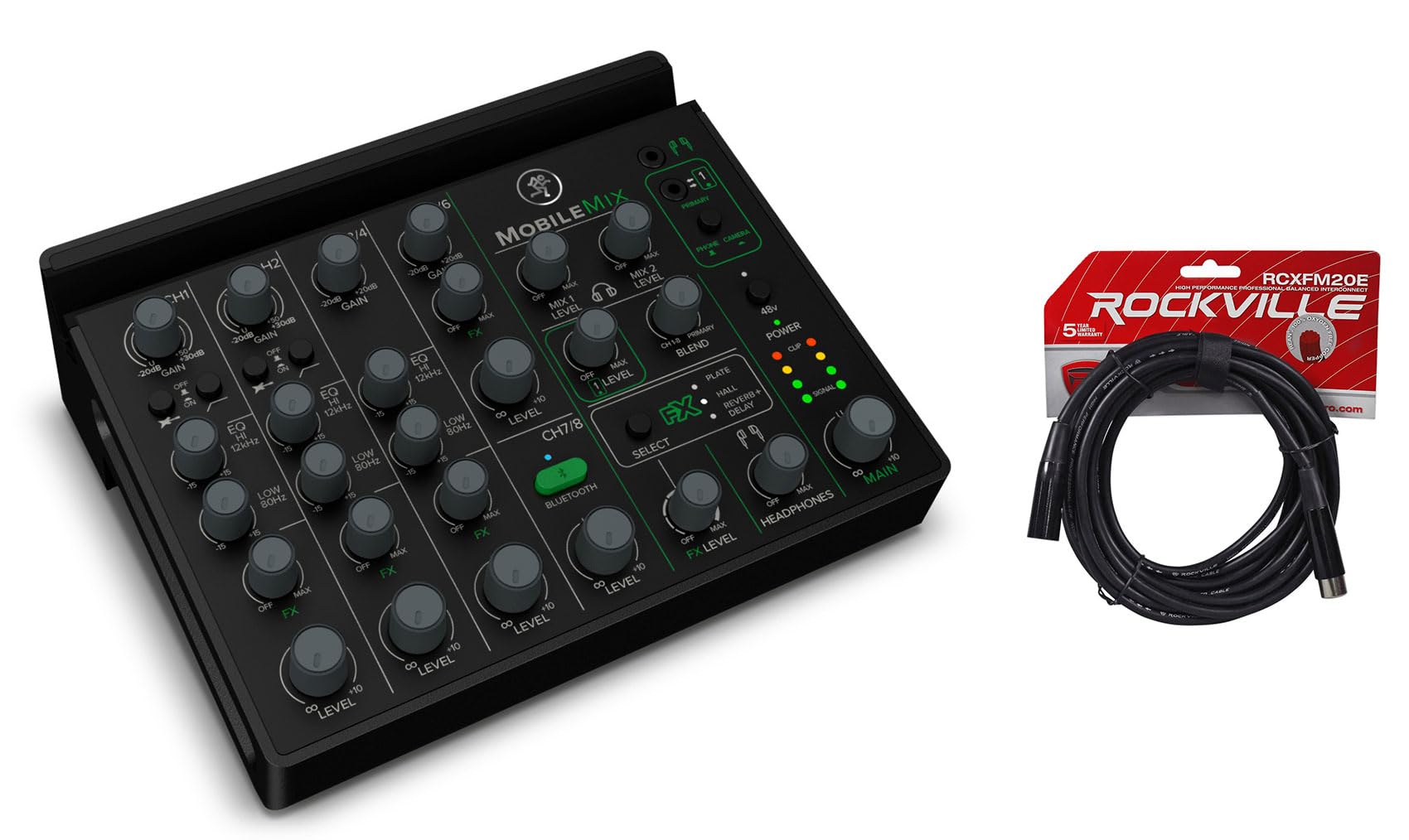 Audiosavings Bundle: (1) Mackie MobileMix USB-Battery Powered Phone/Tablet Live Sound/Streaming Mixer Bundle With (1) Rockville RCXFM20E-B Female to Male XLR Mic Cable Black 100% Copper (Items 2)