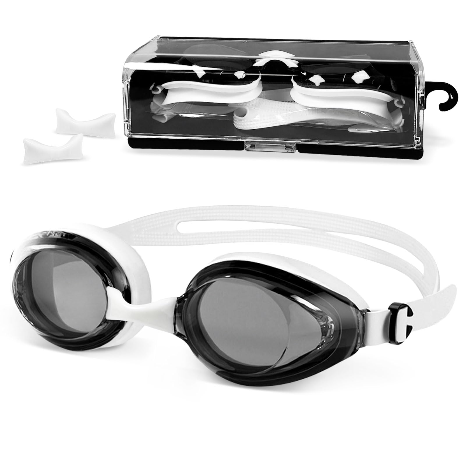 Airoads Shortsighted Swim Goggles Leakproof Anti-Fog UV Protection Swimming Goggles Designed for Nearsighted Adults Women Man and Youth with 3 Adjustable Nose Bridges (Black & White, -6)