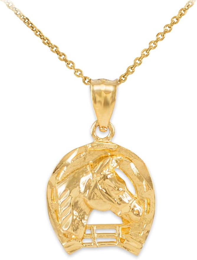 Textured 14k Yellow Gold Good Luck Horseshoe Charm Horse Head Pendant Necklace