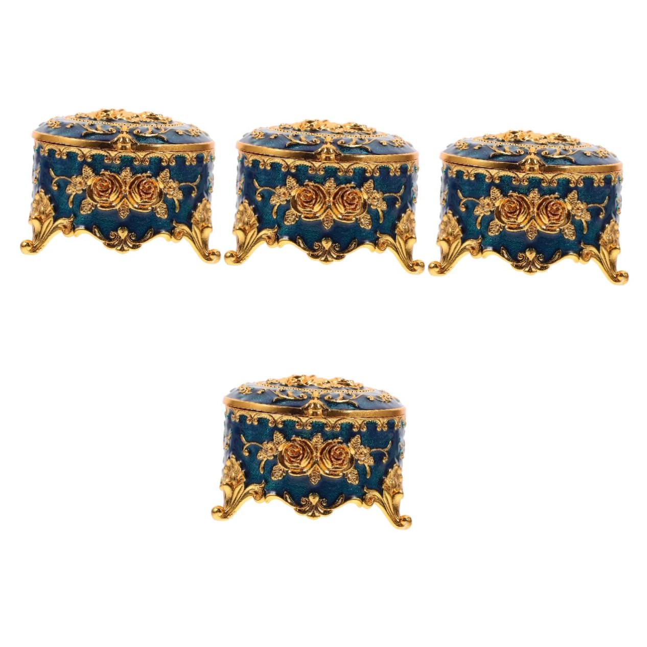 Alipis 4pièces Boîte à Bijoux Ronde Avec Motif De Rose Émaillé Organisateur De Bijoux Élégant Pour Décoration De Bureau Et Coiffeuse Couleur Bleue