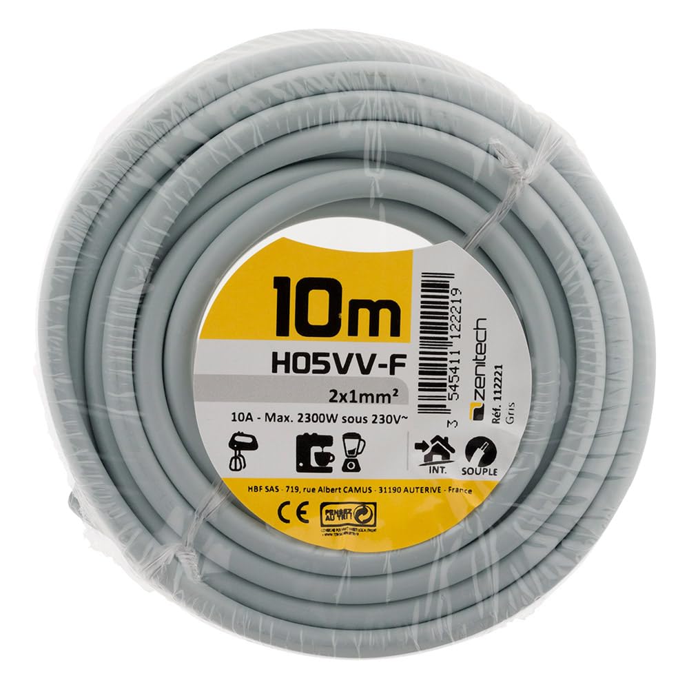 Zenitech - Cavo Di Alimentazione Elettrica H05VV-F 2x1mm² - Adatto Per Apparecchi Elettrodomestici - Resistente All'Abrasion e All'Umidità - Grigio - 10m