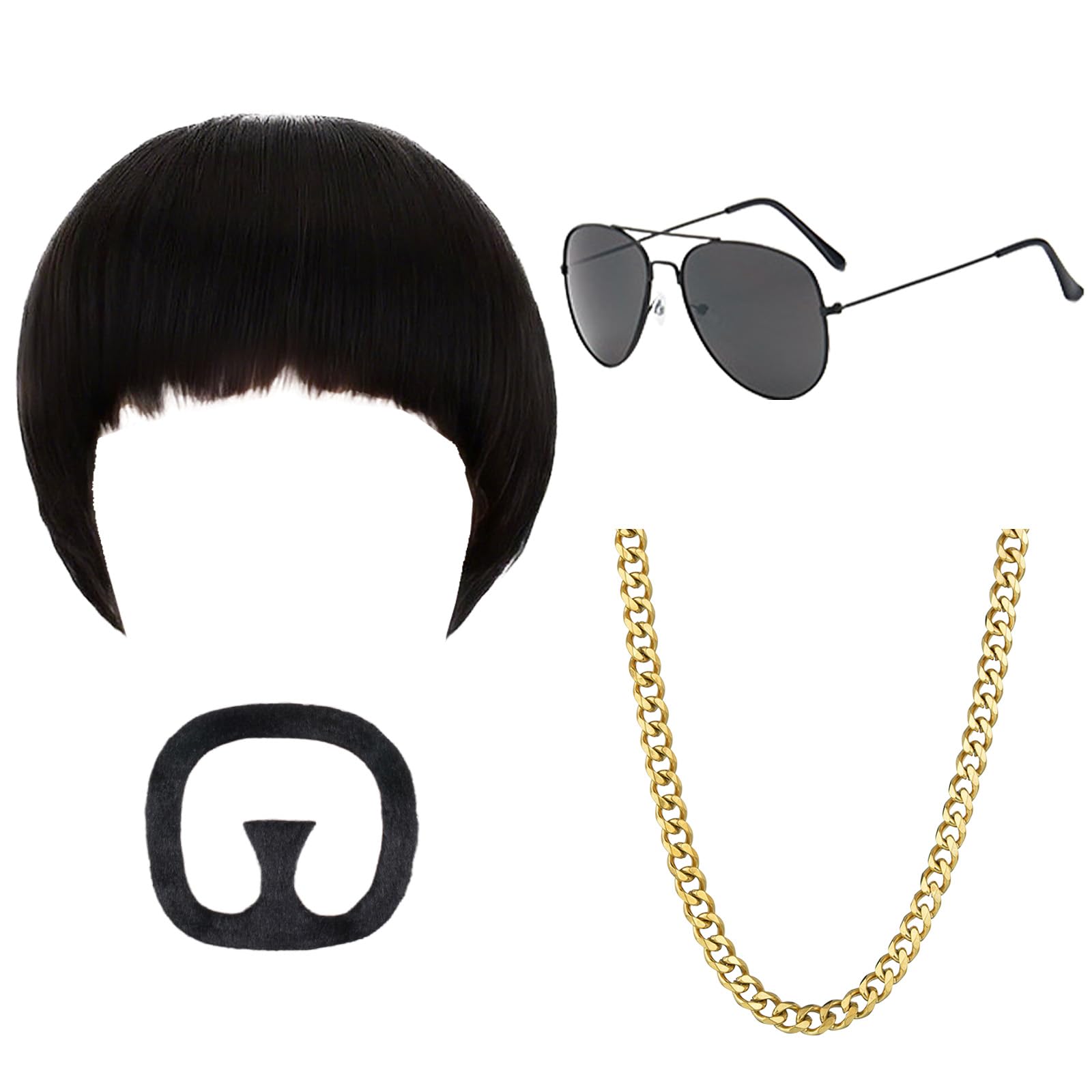 SSKHE 4 PCS Ibiza Final Boss Costume Accessory Set for Men Funny Festival Outfits with Bowl Cut Wig, Gold Chain