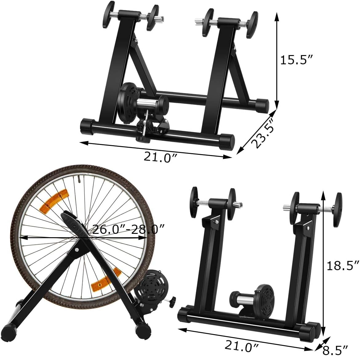Bike Trainer Stand, Stationary Bike Stand for Indoor Riding, Steel Bicycle Exercise Magnetic Stand for 26-28” Wheels with Front Wheel Riser, Quick Release Folding Exercise Bike Stand Trainers