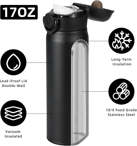 Miniatura 4 de Olerd Botella de agua aislada de 17 onzas, termo de café deportivo de doble pared de acero inoxidable, termo de viaje de 16.9 fl oz para bebidas