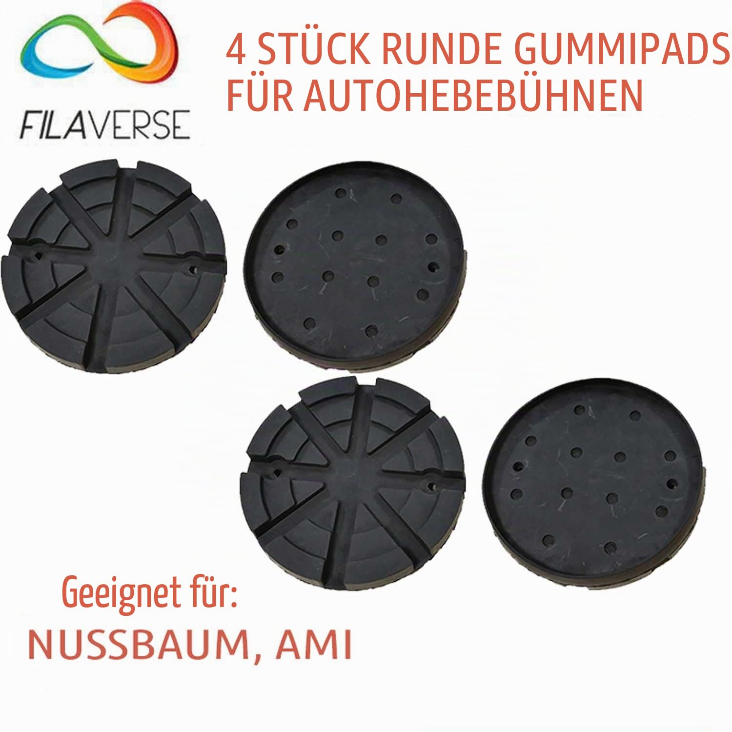 4er-Set Gummiteller aus Vollgummi für 2-Säulen-Hebebühne, Außen-Ø 125 mm, Innen-Ø 120 mm, H 24 mm, 2 Bohrungen — passend für Nussbaum, AMI