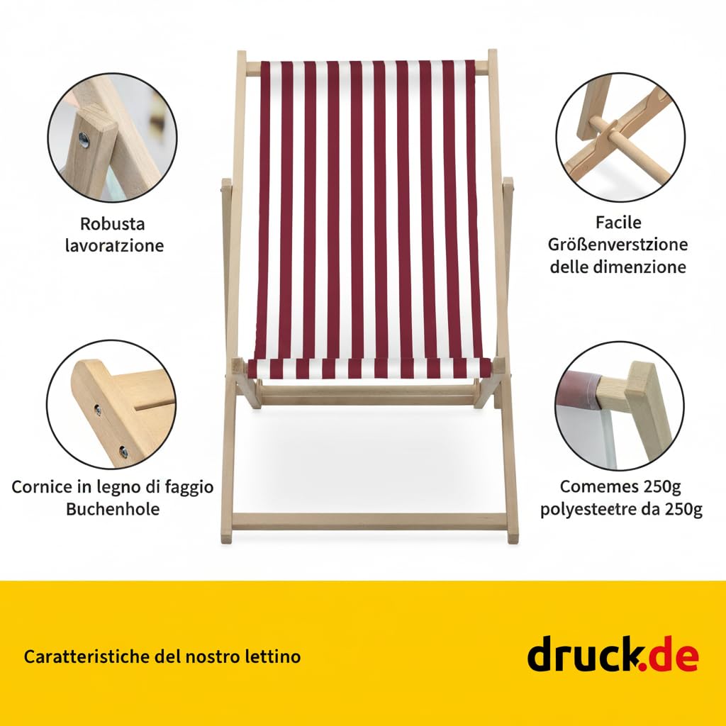 druck.de Sedia a sdraio - a strisce strette bordeaux - pieghevole - in legno di faggio - resistente fino a 95kg - schienale regolabile in 3 posizioni - sdraio da spiaggia