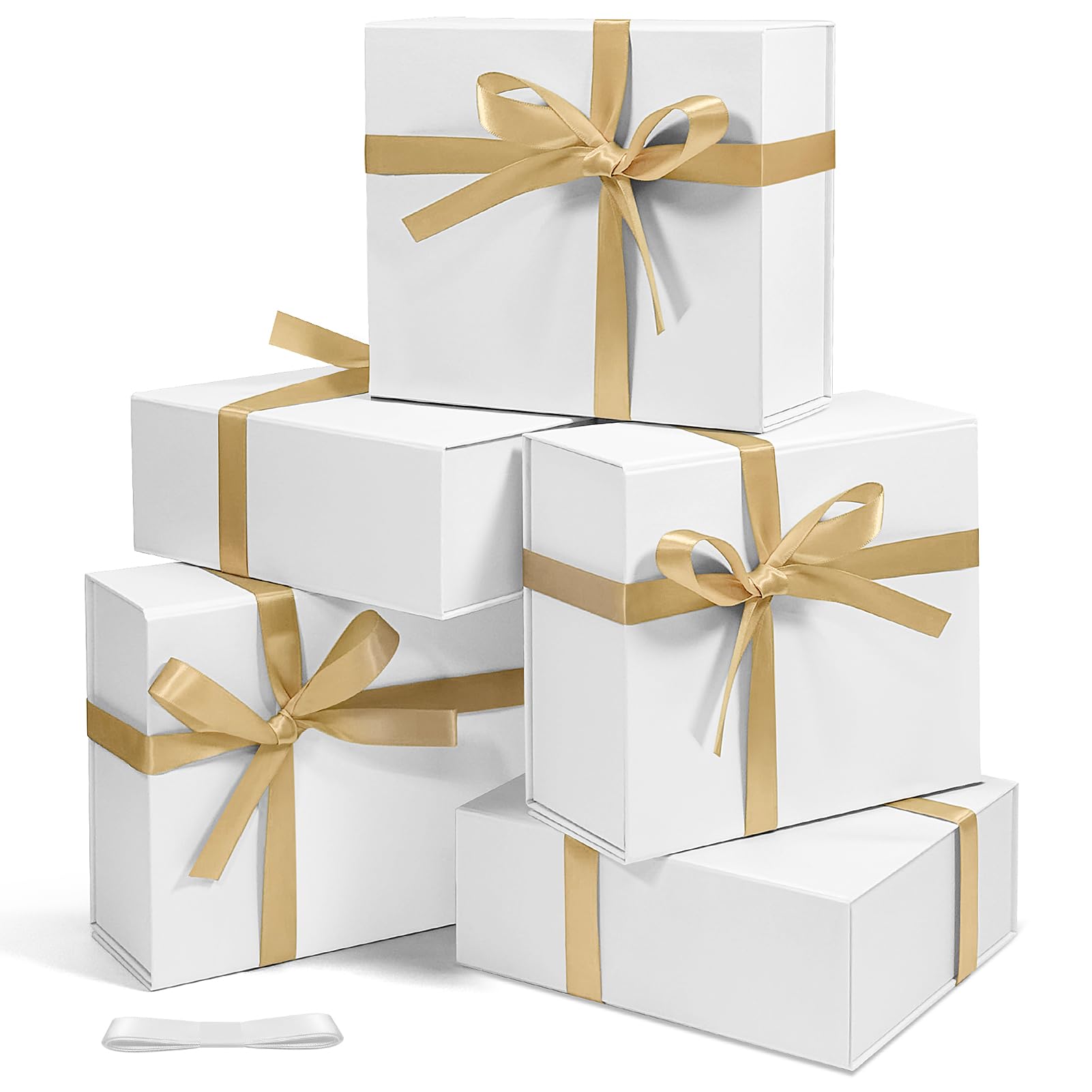 Corsiampoo 5 Pack White Gift boxes, 8x7x3 Inches Gift Packaging Box for Presents with Magnetic Closure Lids and Ribbons, Gift Boxes for Groomsman Proposal, Wedding, Halloween, Christmas, Birthday Gift