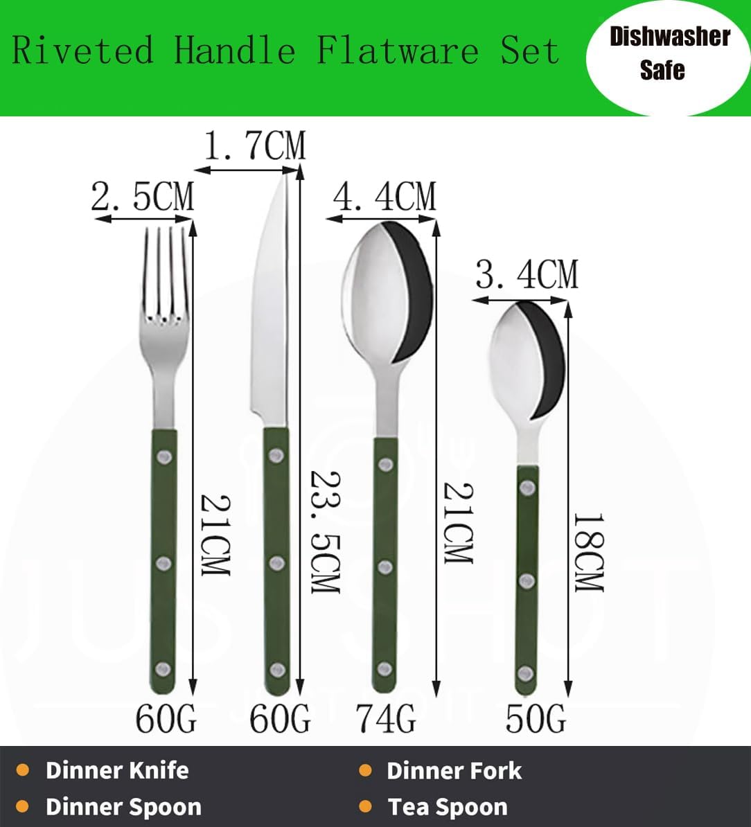 JUSTSHOT 64 Piece Rivet ABS Handle Flatware Set for 16,1810 Stainless Steel Green Handle with Rivets Silverware Set,Rivet Handle Cutlery Flatware Set,Silver Forks and Spoons Silverware Set