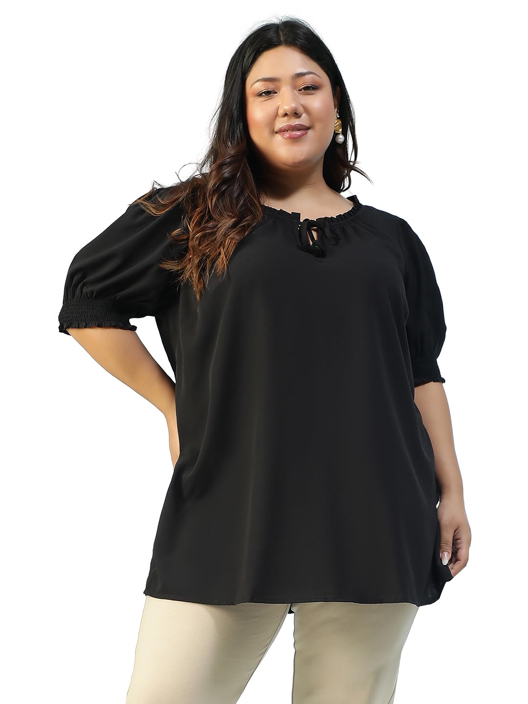 oxolloxo Women Plus Size Round Neck with Ruffle & Tie -Up Detail Short Sleeve Top-image-38