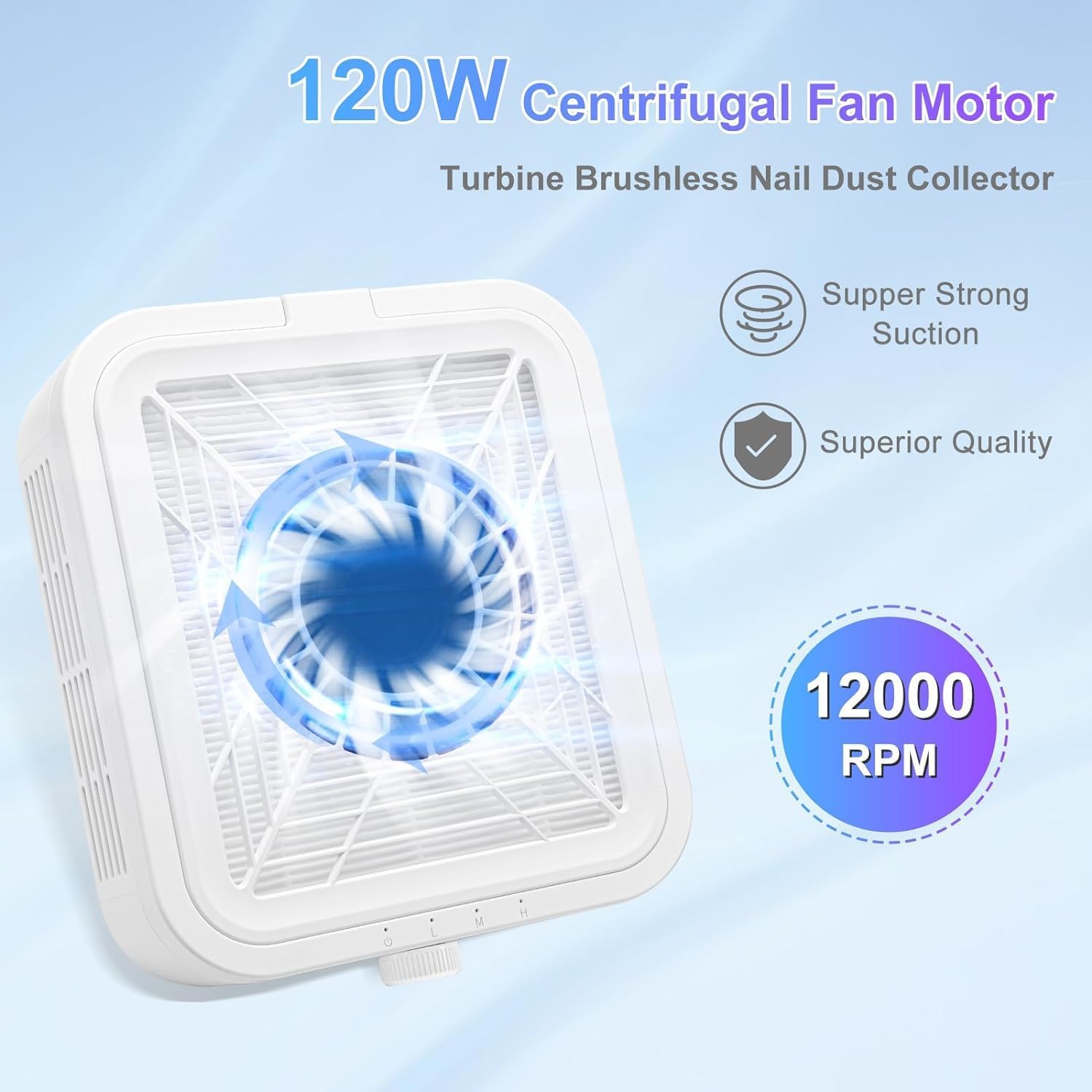 Collecteur de poussière d'ongles professionnel, collecteur de poussière à faible bruit de 120 W, technologie d'ongles, avec réglage à 3 vitesses, forte puissance d'aspiration, pour salon de manucure