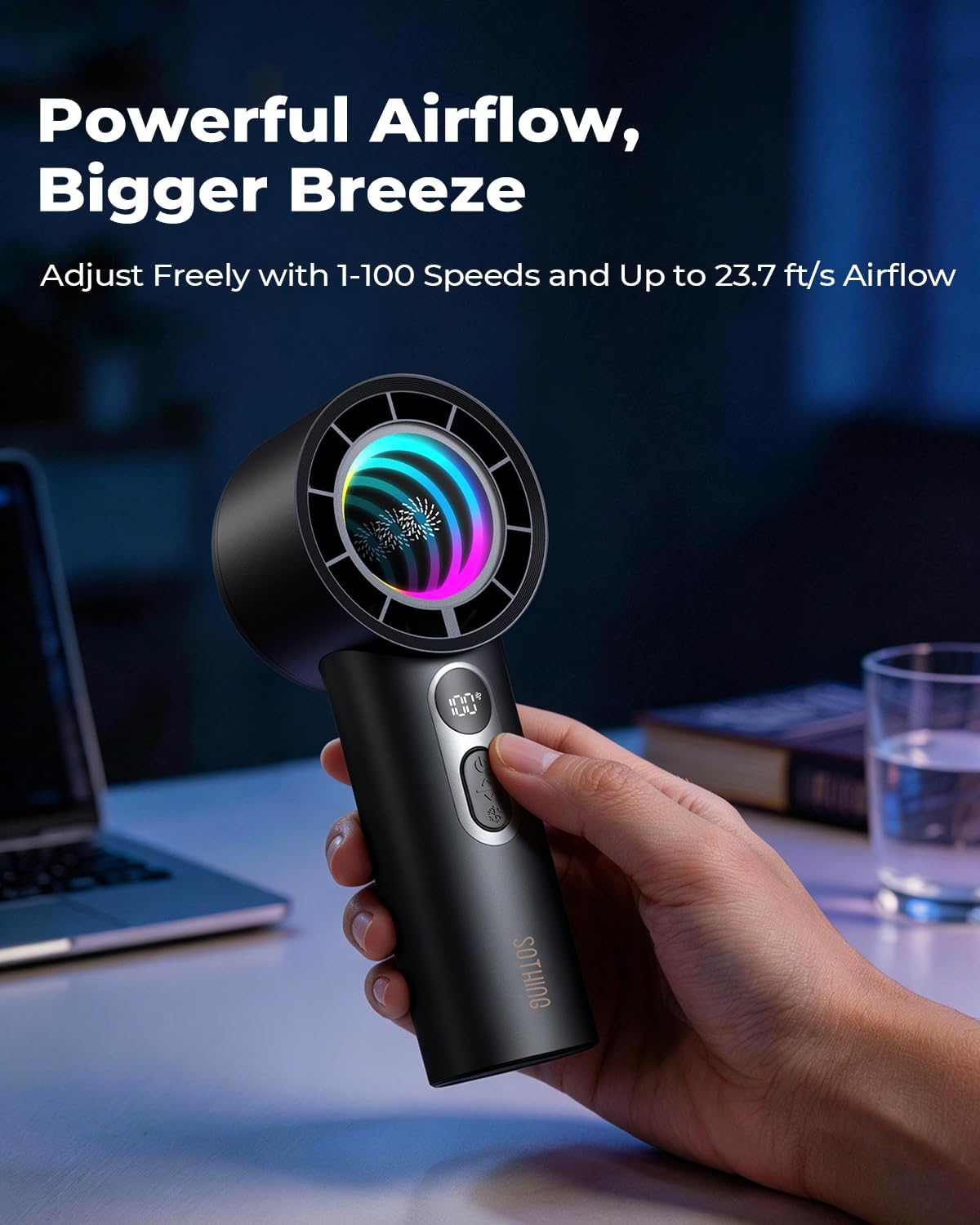 SOTHING Portable Handheld Fan with Dynamic RGB Light, Small Rechargeable Personal Fan, 1-100 Speeds, Up to 23.7 ft/s Airflow, Up to 12H Runtime, 7-Blade Quiet Fan with Digital Display