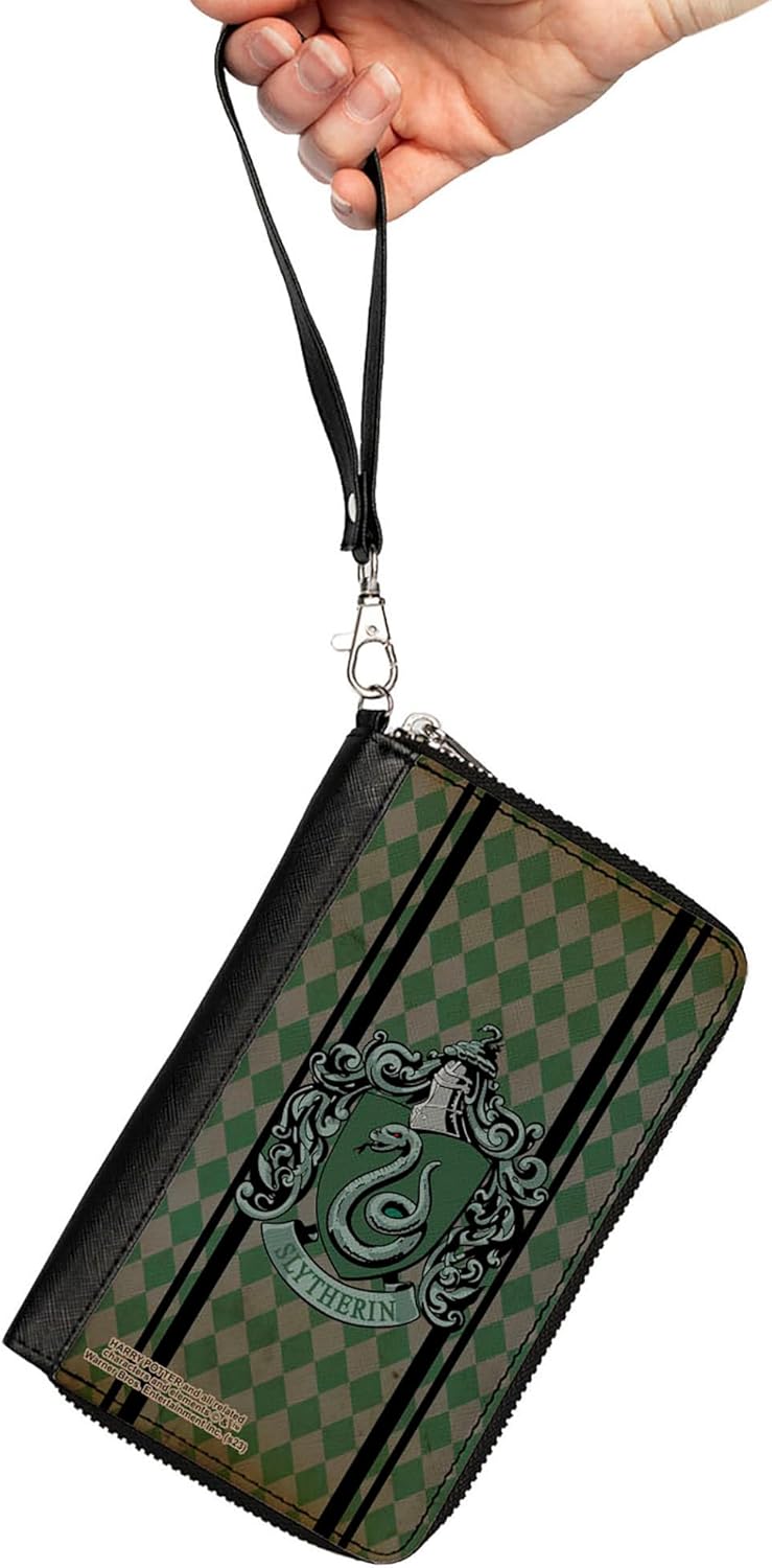 Buckle-Down The Wizarding World of Harry Potter Wallet, Zip Around, Slytherin Crest Stripes Diamonds Greens Black, Vegan Leather - Image 2