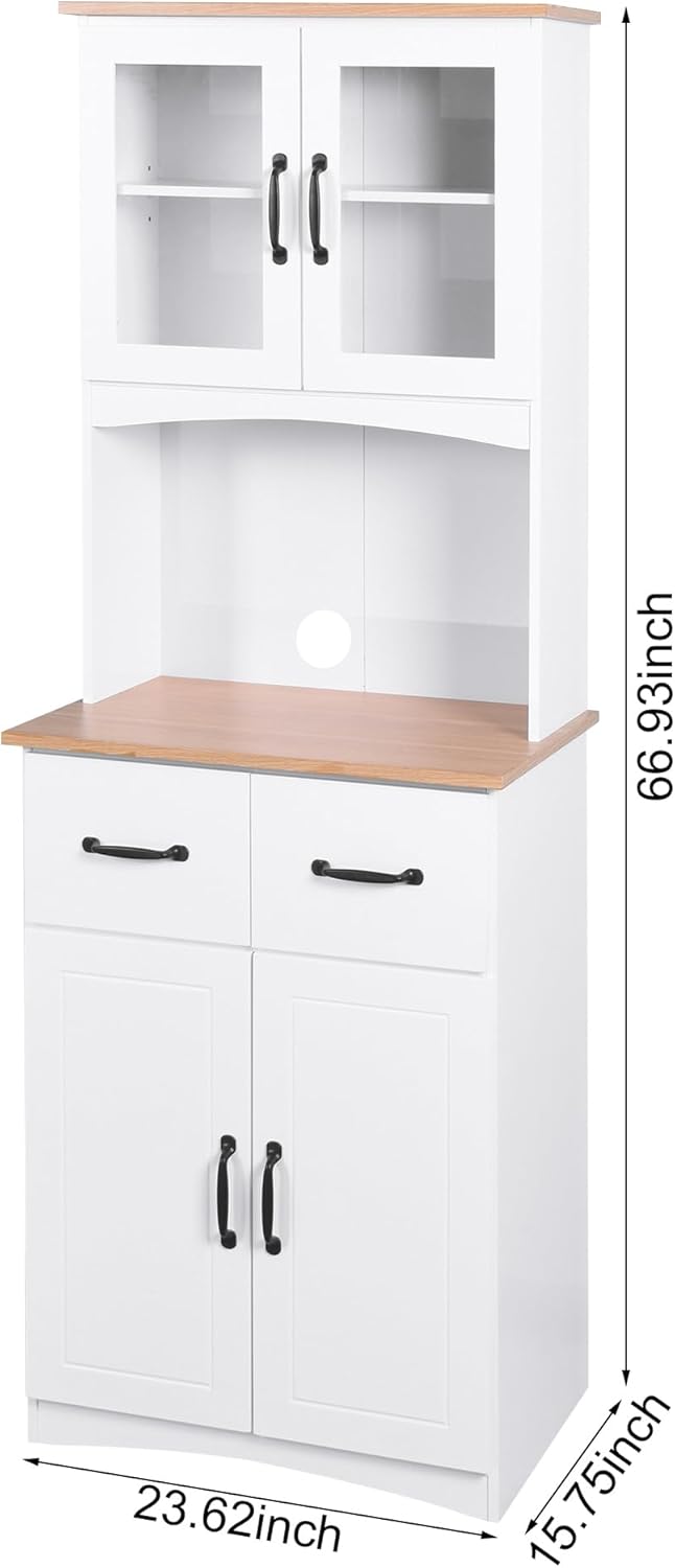 Wooden Kitchen Cabinet Pantry Room Storage Microwave Cabinet with Framed Glass Doors and Drawer 23.32" W x 15.75" D x 66.93" H, White