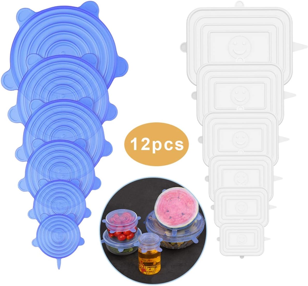 Silicone Stretch Lids,12-Pack Various Sizes Cover for Bowl Reusable Durable and Expandable Lids Silicone Covers for Fresh Food Stretch for Container, Bowl in Dishwasher