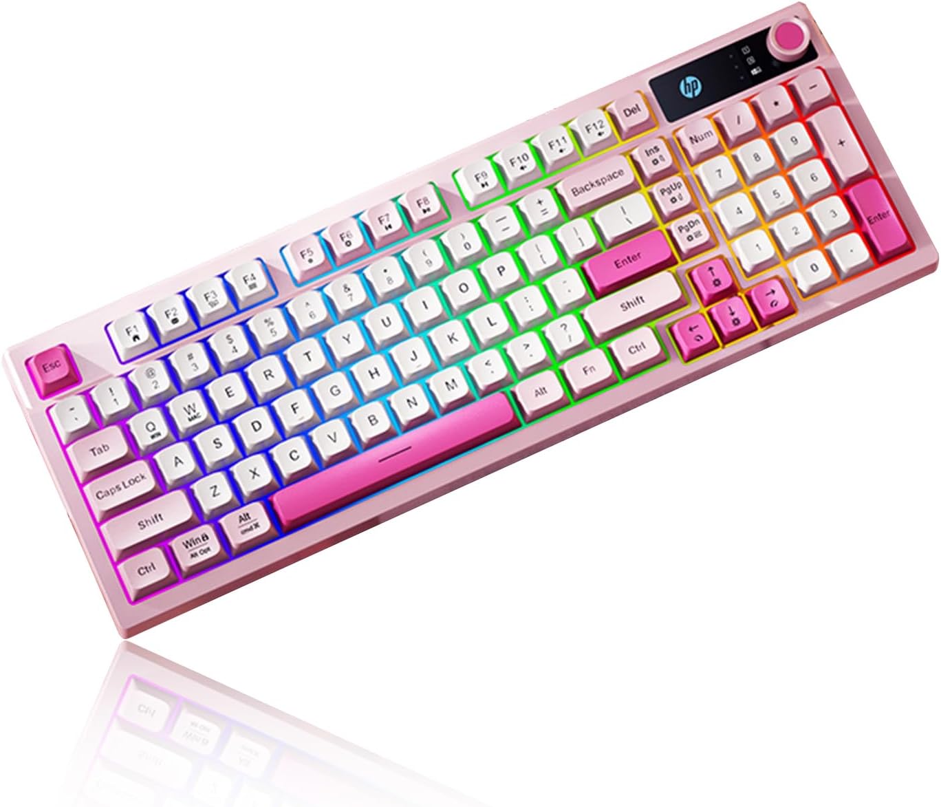 HP K500F Wireless Keyboard, 98-Key Compact Layout, Tri-Mode Bluetooth 5.0/2.4GHz/USB-C, RGB Backlit Gaming Keyboard with Volume Knob, 3000mAh Battery, Pink Gradient Keycaps
