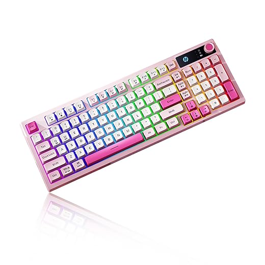 HP K500F Wireless Keyboard, 98-Key Compact Layout, Tri-Mode Bluetooth 5.0/2.4GHz/USB-C, RGB Backlit Gaming Keyboard with Volume Knob, 3000mAh Battery, Pink Gradient Keycaps