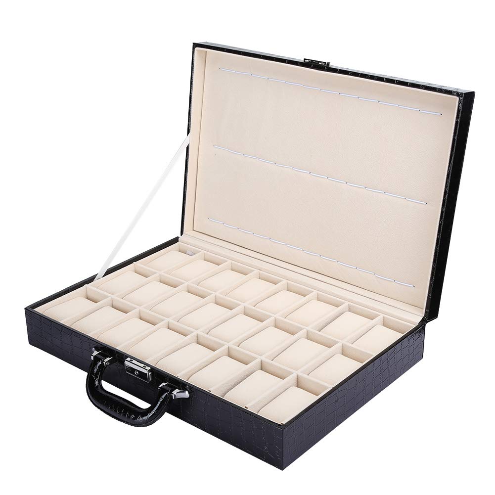 KIMISS Vetrina per Orologi con 12 Slot - Valigia Portaoggetti con 24 Griglie Organizer per Grandi Spazi in Pelle PU con Chiave - Porta Gioielli