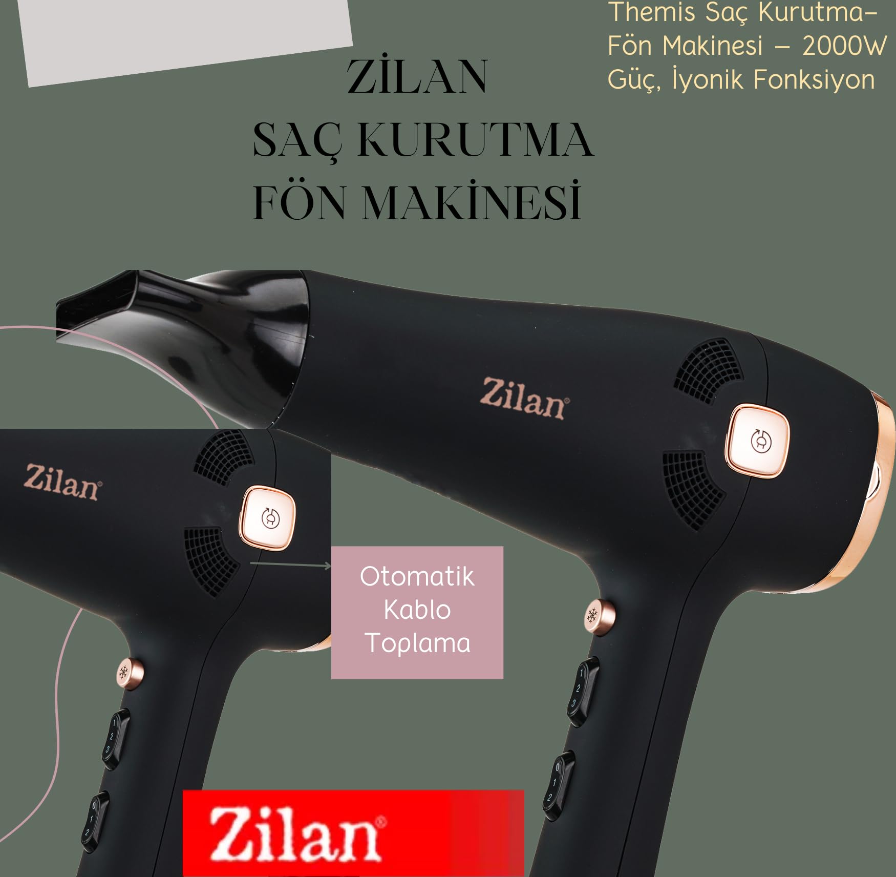 Zilan ZLN9143 Themis Saç Kurutma-Fön Makinesi – 2000W Güç, İyonik Fonksiyon, Otomatik Kablo Toplama