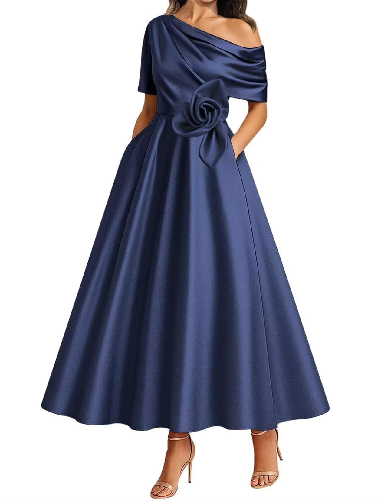 WISIYLE 3D Flower Bridesmaid Dresses Cap Sleeve Prom Mother of The Bride Dress One Shoulder Wedding Formal Gowns WQL008 Navy UK18