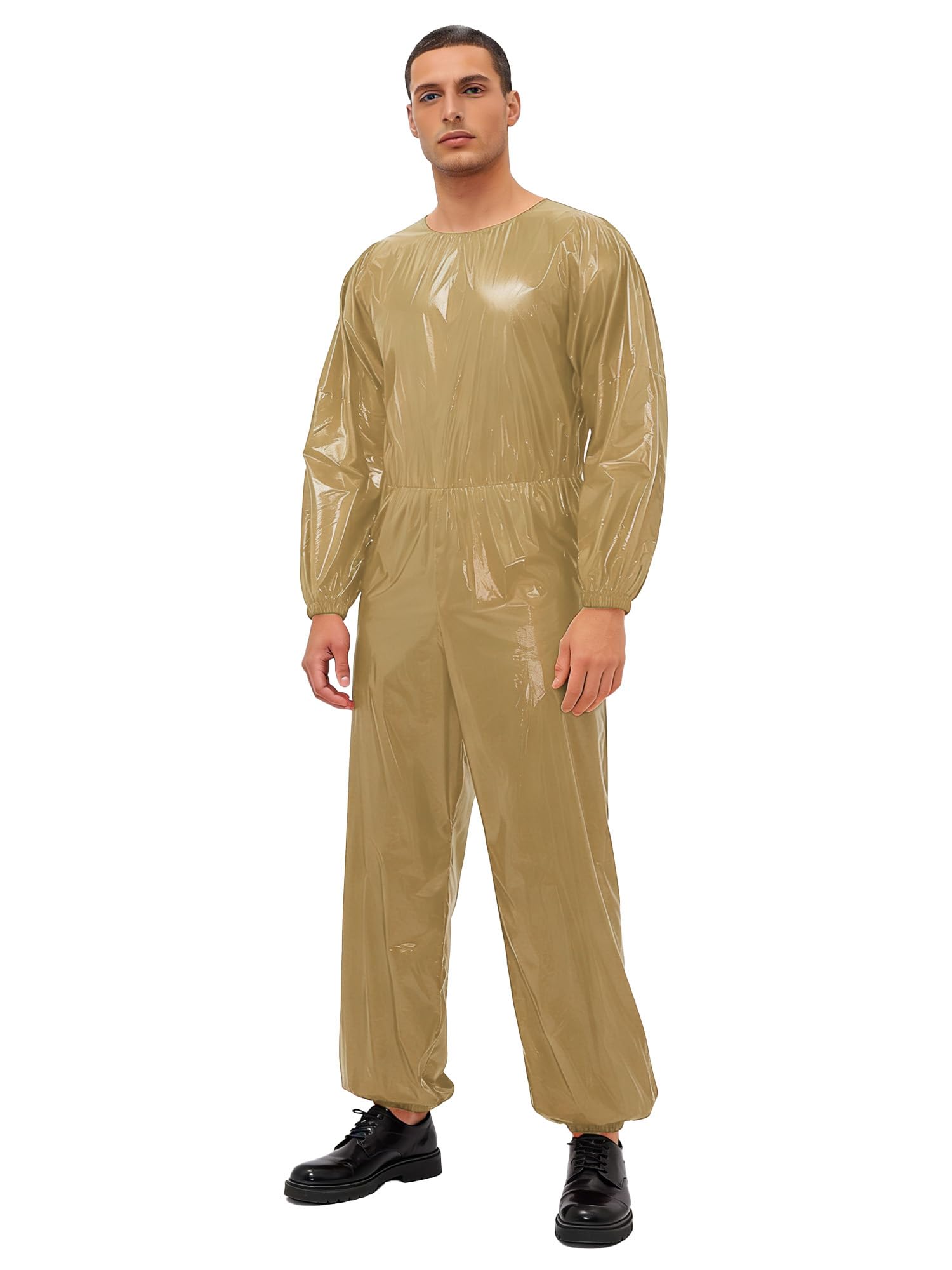 Moggemol Adult Incontinence Plastic Bodysuit Long Sleeve One Piece Windproof Full Body Suit Night Club Leotard Khaki M