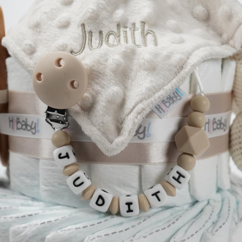 Tarta de pañales personalizada para bebé Baby Rattle, Regalo Original para Baby Shower, Recién Nacido, Bautizo, Pañales dodot Sensitive, Pastel de pañales (Beige)