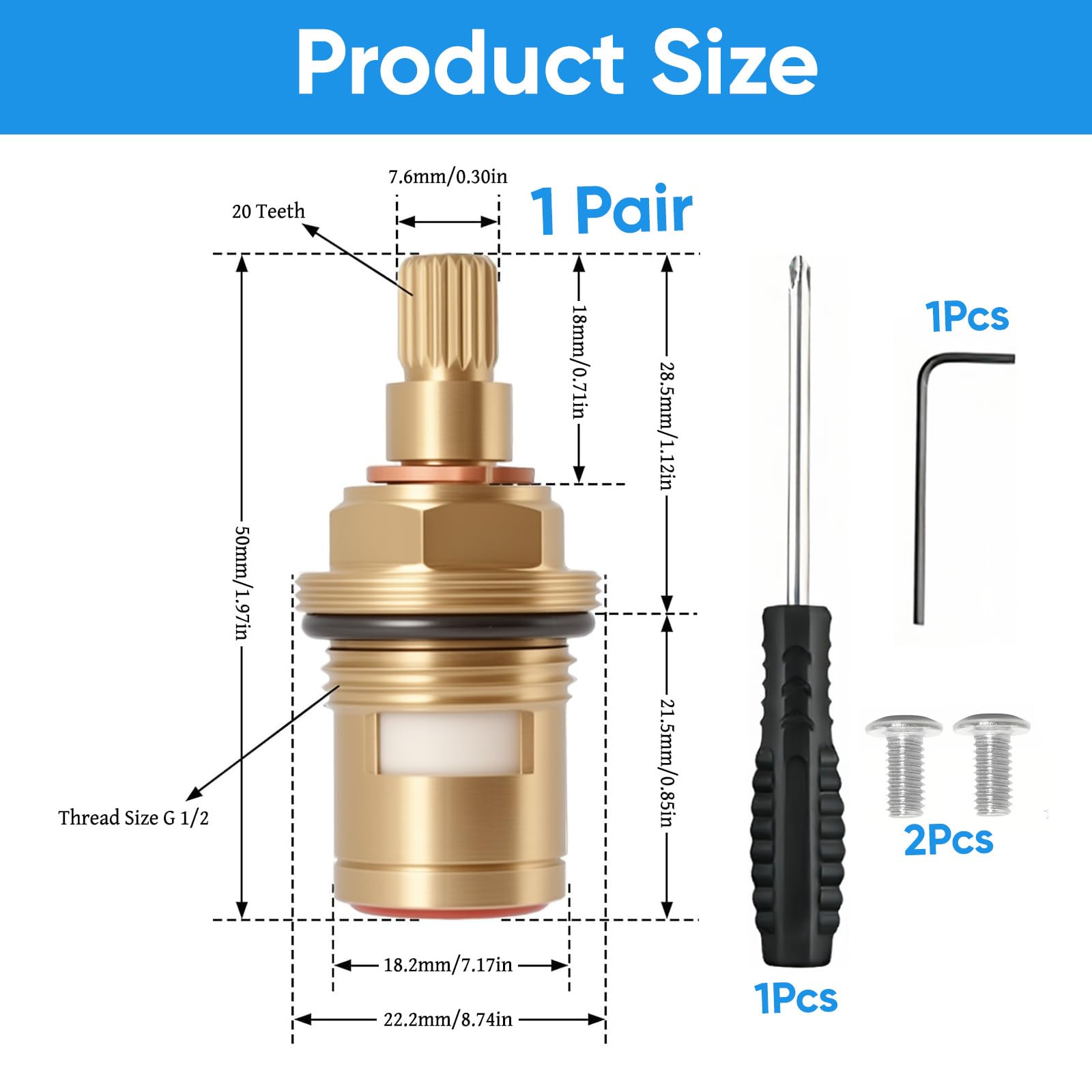 2 Pack 1/4 Turn Mixer Tap Cartridges - 20 Spline Ceramic Valve Replacement For Kitchen & Bathroom Taps