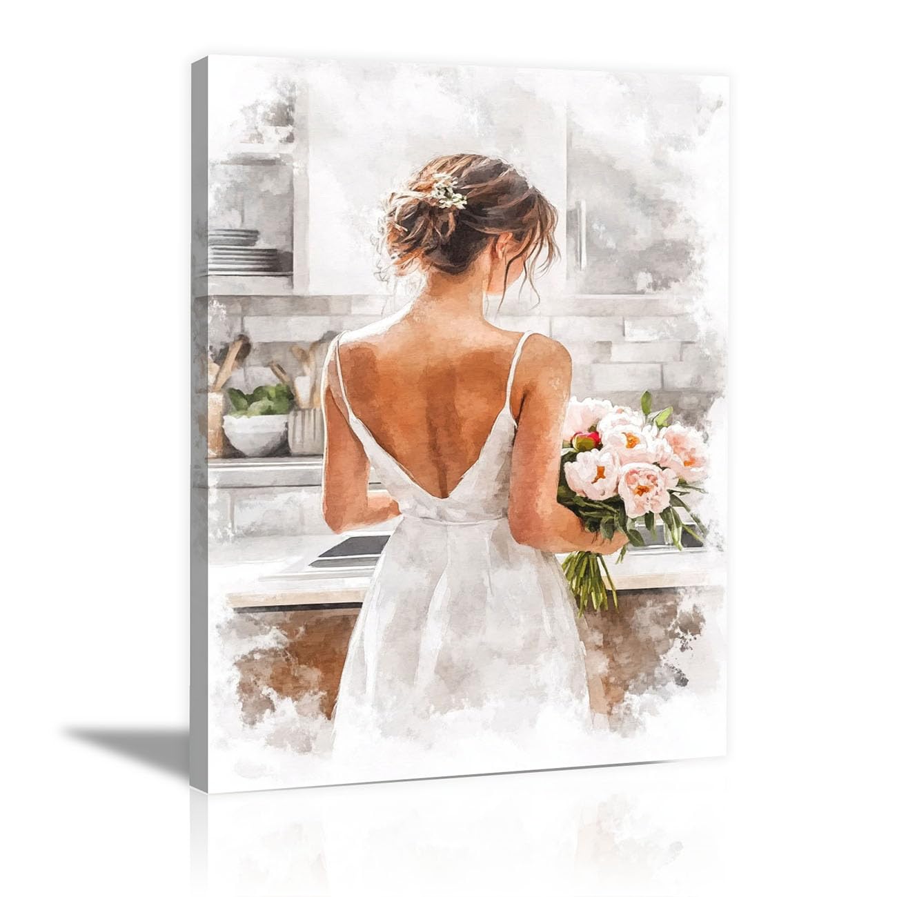 QUSAAOU Fashion Portrait Canvas Wall Art Bride Back View Peony Bouquet Watercolor For Living Room Bedroom African American Decor For Home Afro Woman Poster And Prints(White)-30x45cm1 Framed