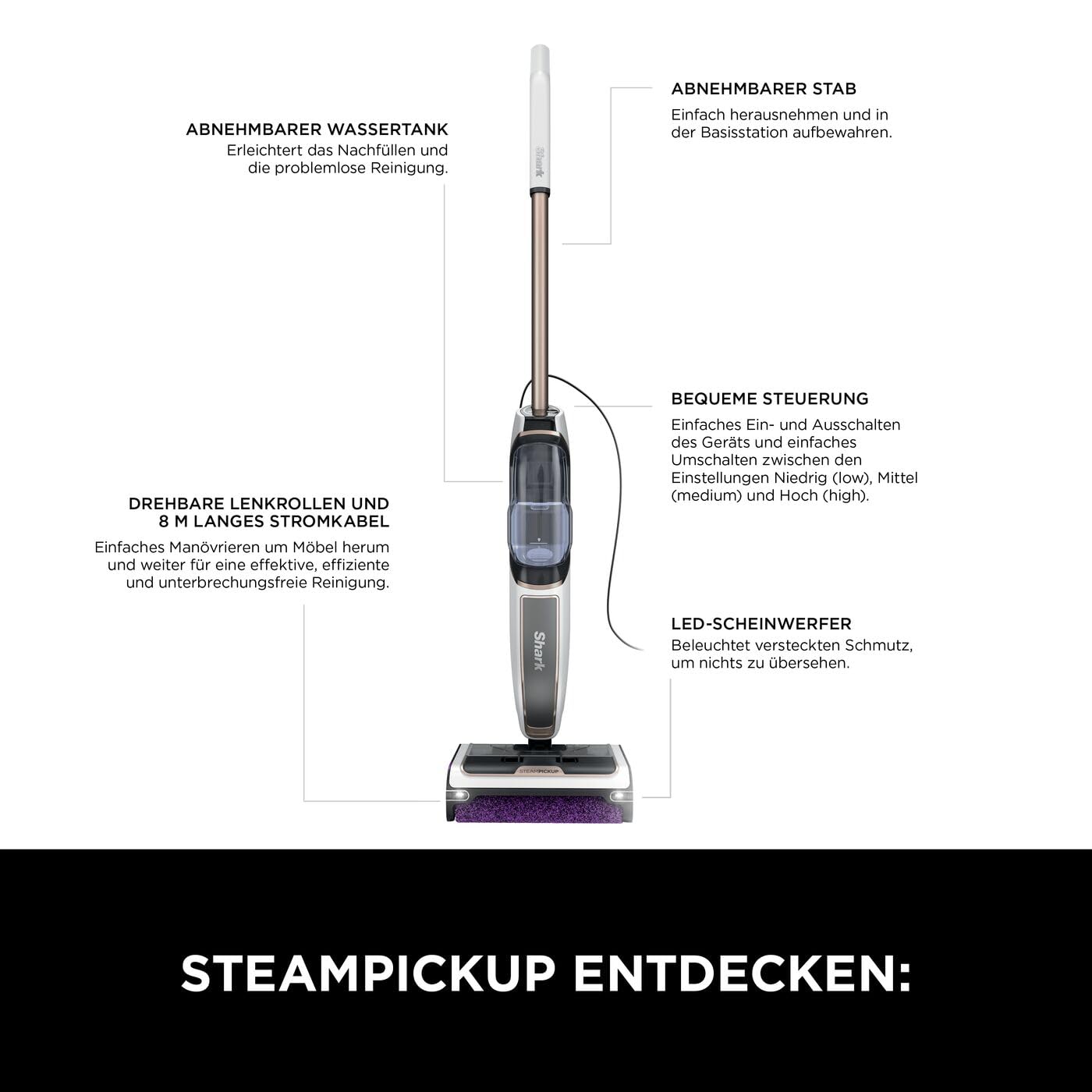 Shark SteamPickUp 3-in-1-Dampfreiniger, hygienische Reinigung mit Dampf für harte Böden, chemiefrei, 420ml Fassungsvermögen, Extra-Bürstenrolle, Aufbewahrungsstation, Bürstenrollenhalter, Weiß SD200EU
