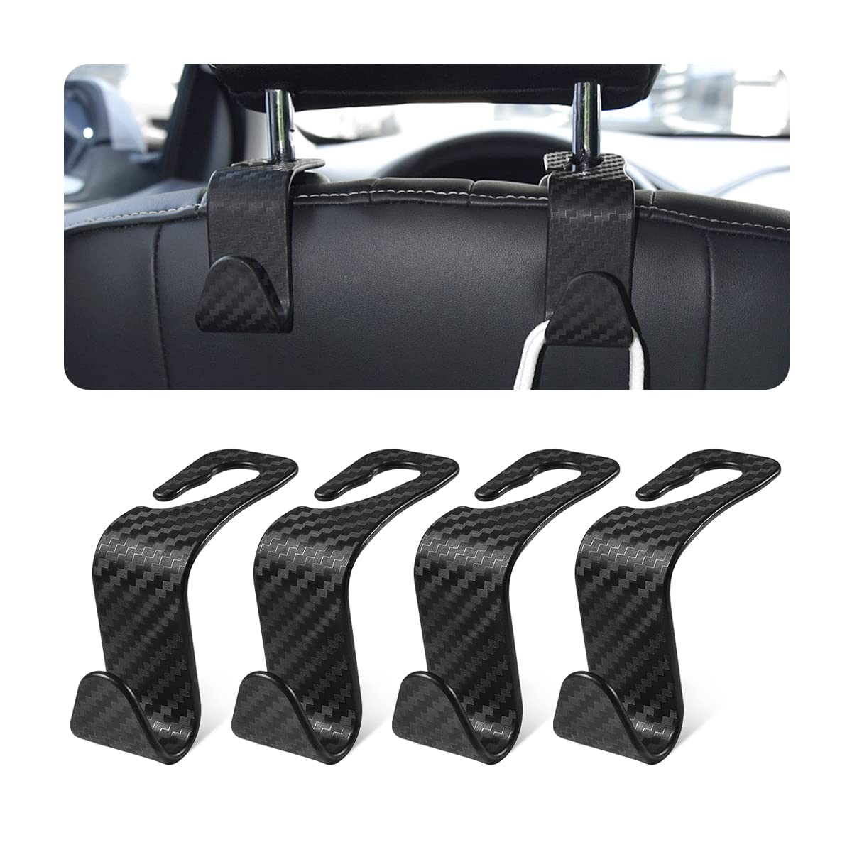CGEAMDY Haken für die Kopfstütze im Auto, 4 Stück Haken für versteckte Autositze, geeignet zum Aufhängen von Taschen, Einkaufstaschen, Spielzeug für Kinder, Autozubehör für den Innenraum (Kohlefasern)