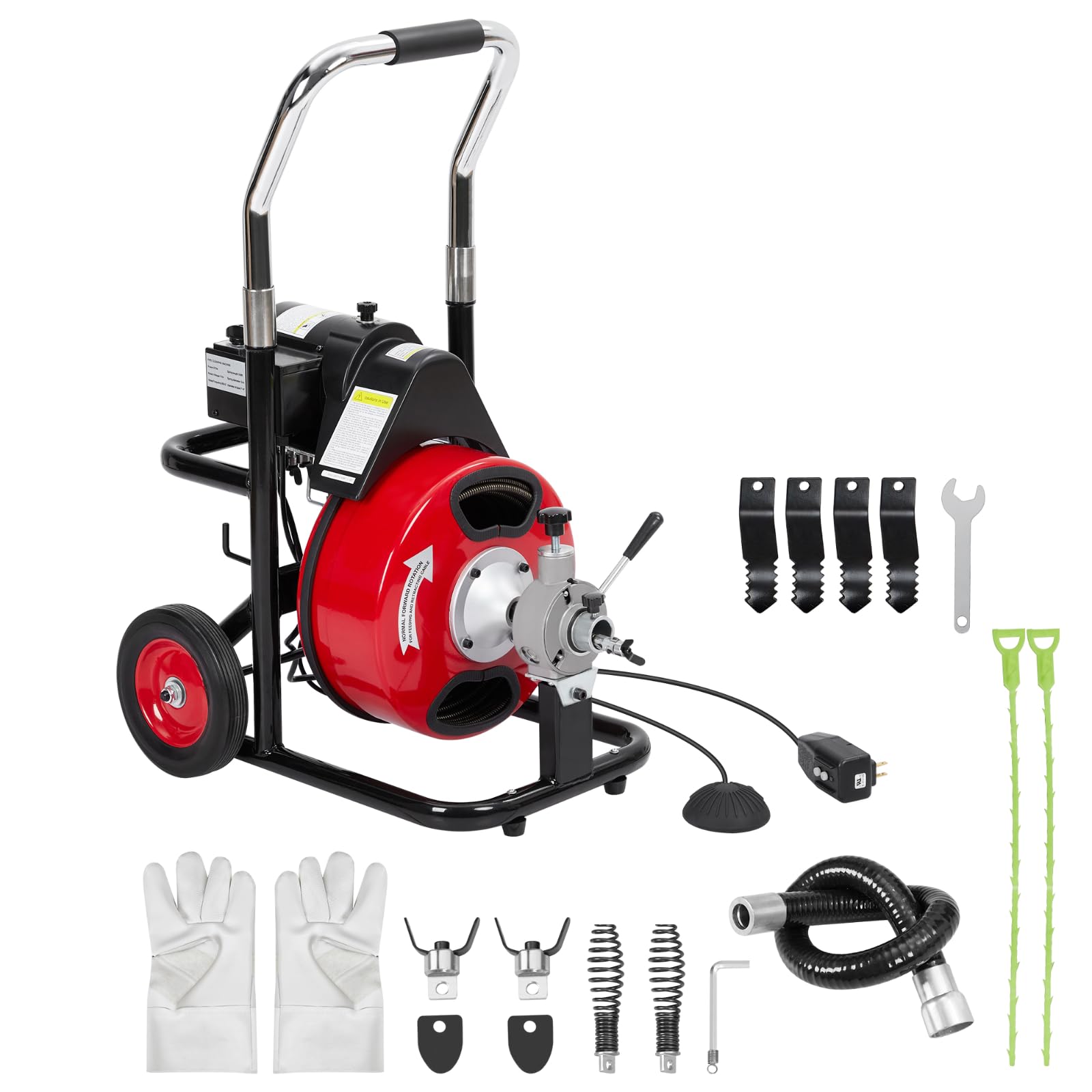 75Ft x 3/8 Inch Heavy-Duty Electric Drain Cleaner Machine, 250W Auto-Feed Sewer Snake with 4 Cutters & Foot Switch, Portable Auger for 1